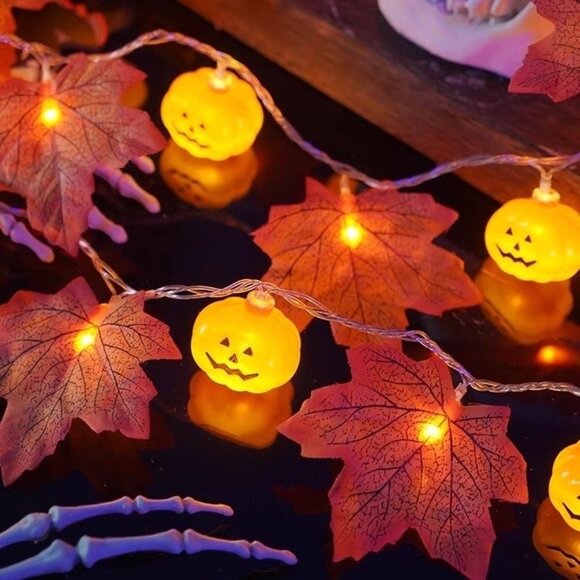16" LED String Lights with Pumpkin & Maple Leaf - Halloween Decoration - Picture 2 of 6